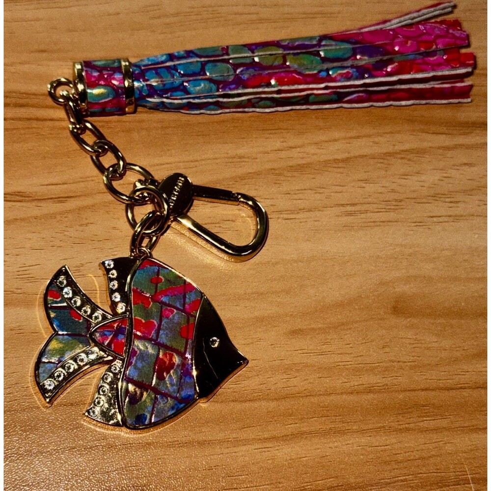 Brahmin Melbourne Fish Bag Charm Tassel Key Fob RAINBOW FISH Leather Crystal EUC